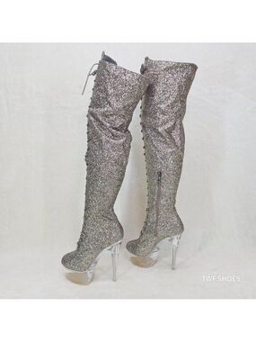 Bulls Silver Glitter Lace Up OTK Platform High Heel Thigh Boot